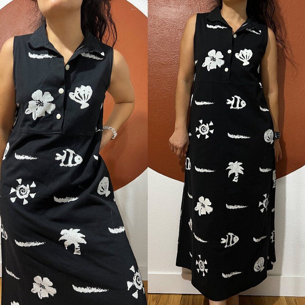 vtg y2k 90s Red ginger black white fish dress‎ beach vacation maxi Medium cotton